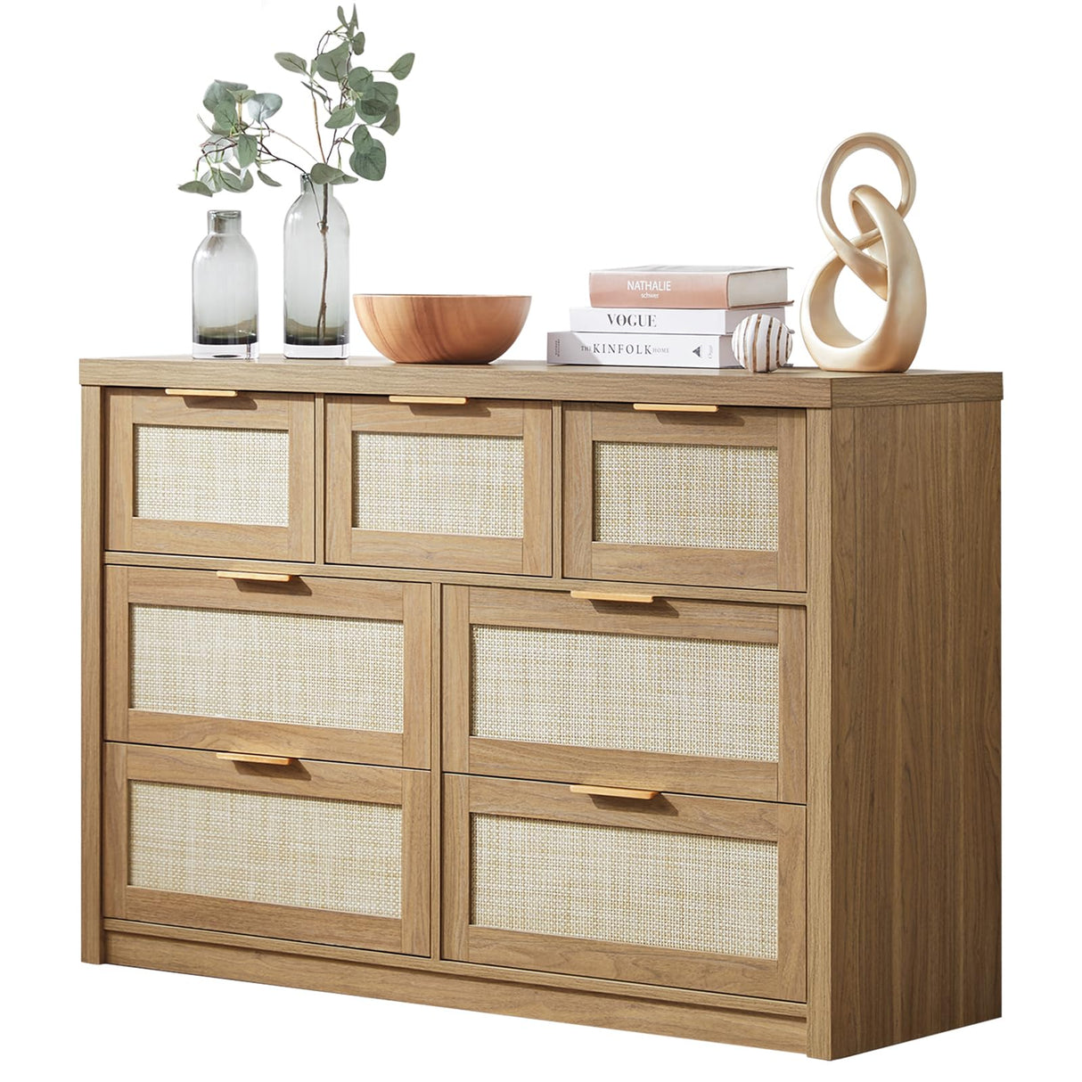 OAKHAM HOME 7 Drawers Dresser, Rattan Dresser TV Stand for Bedroom Closet, Wood Chests of Drawers with Metal Handle and Wide Drawers, 52.76" W x 17.71" D x 31.69" H OAKHAM HOME