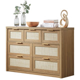 OAKHAM HOME 7 Drawers Dresser, Rattan Dresser TV Stand for Bedroom Closet, Wood Chests of Drawers with Metal Handle and Wide Drawers, 52.76" W x 17.71" D x 31.69" H OAKHAM HOME