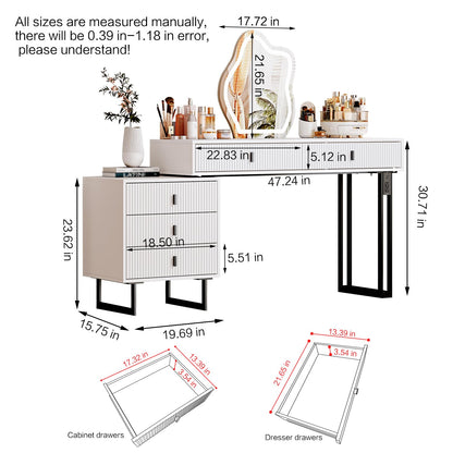 Ieejdn White with plug,Large Vanity Desk with 3 Color Touch Screen Dimming Mirror, Modern Retractable Makeup Dressing Table with Adjustable Cabinet and 5 Sliding Drawers,Vanity Table with Pow - WoodArtSupply