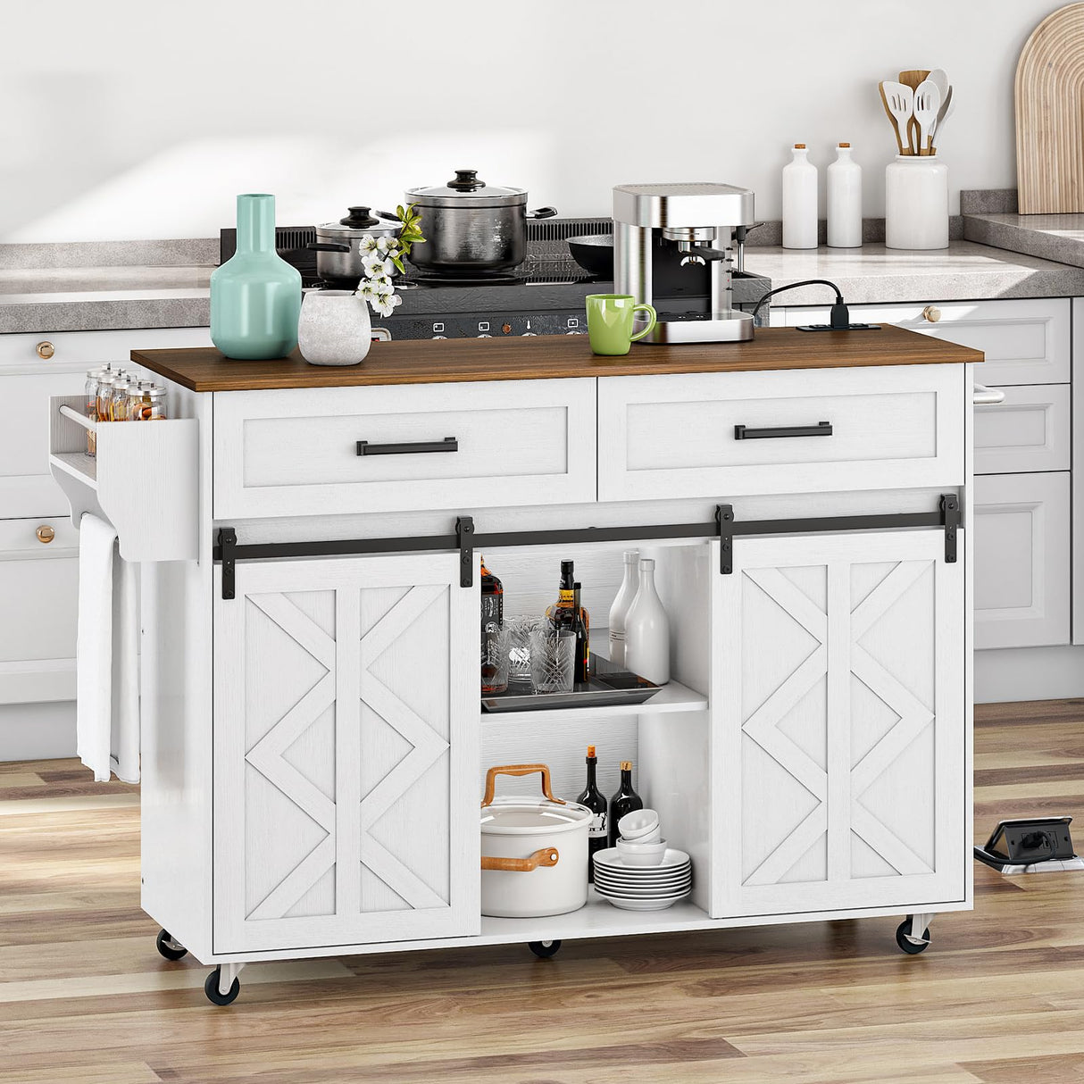 HOOBRO Kitchen Island with Storage, Power Outlet, Rolling Kitchen Island Cart on Wheels, with 2 Drawers, Sliding Barn Doors and Lockable Wheels, Farmhouse, White and Walnut WH28UZD01 HOOBRO