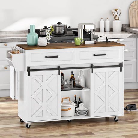 HOOBRO Kitchen Island with Storage, Power Outlet, Rolling Kitchen Island Cart on Wheels, with 2 Drawers, Sliding Barn Doors and Lockable Wheels, Farmhouse, White and Walnut WH28UZD01 HOOBRO