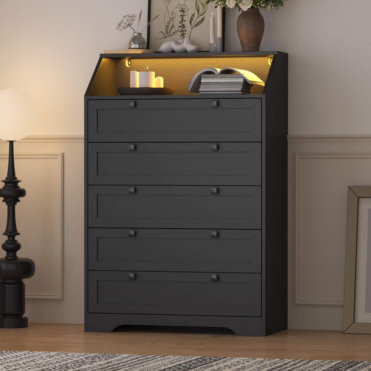 BORNOON 5 Drawer Tall Dresser with LED Lights & Charging Station, Modern Wood Chest of Drawers for Bedroom, Storage Dresser with Metal Handles & Anti-Tip Kit for Closet, Living Room, Entryway BORNOON