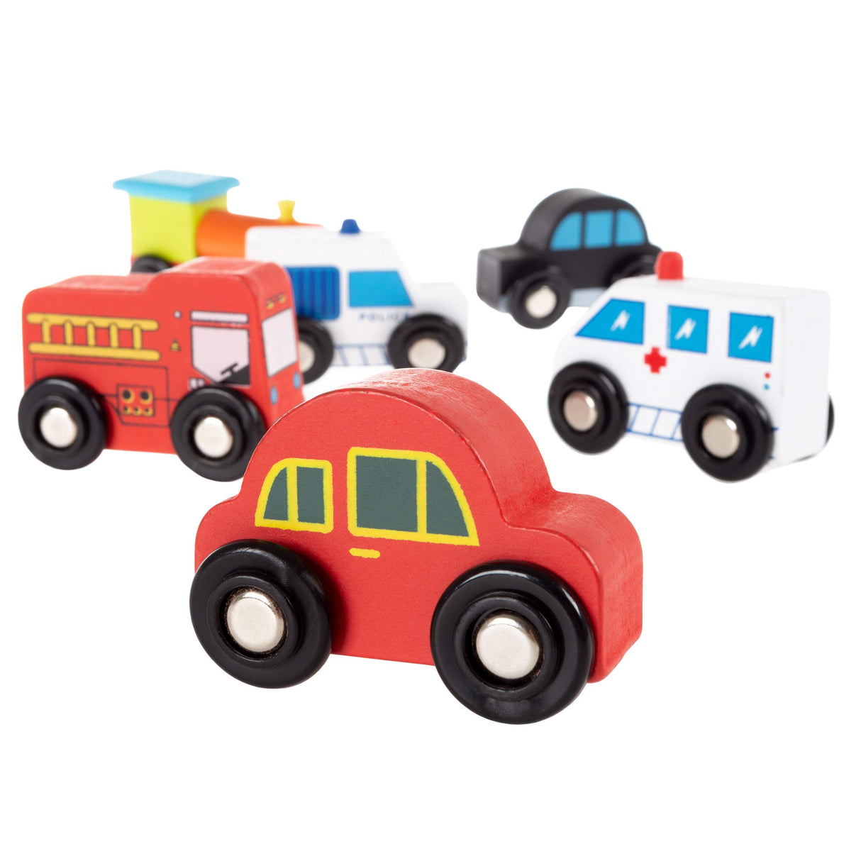 Hey! Play! Wooden Car PlaySet-6-Piece Mini Toy Vehicle Set with Cars, Police and Fire Trucks, Train-Pretend Play Fun for Preschool Boys and Girls Hey! Play!