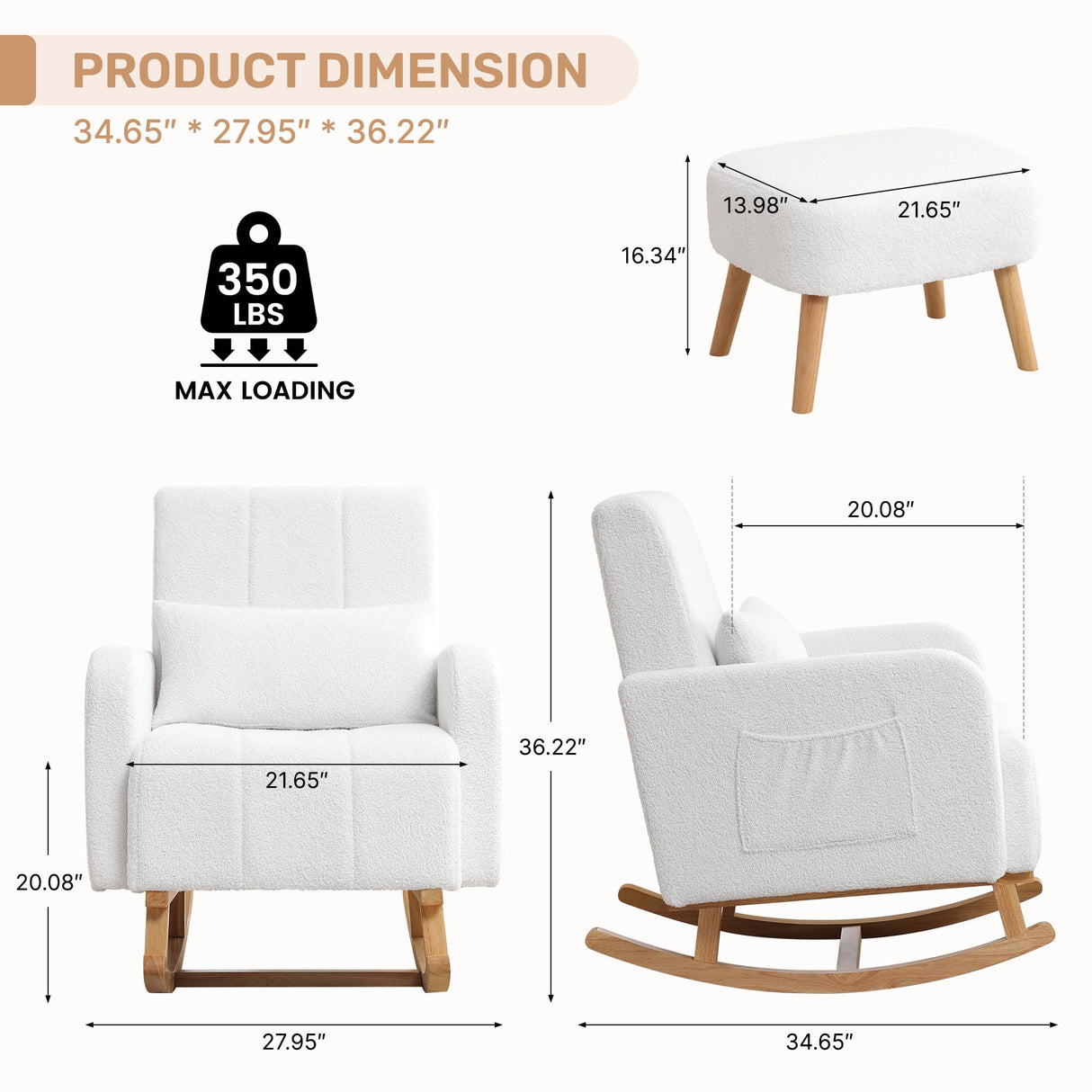 HCHAIRH Rocking Chair with Ottoman, Upholstered Nursing Glider Rocker with High Backrest and Side Pocket, Comfy Reading Chair with Solid Wood Legs for Nursery/Living Room/Bedroom White HCHAIRH