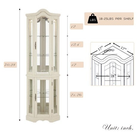 Eyisean Lighted Corner Curio Cabinet 70.5" Tall Wooden China Cabinet with Tempered Glass Doors, Freestanding Glass Display Case Wine Cabinet Storage Rack for Bar and Liquor Storage (White) Eyisean
