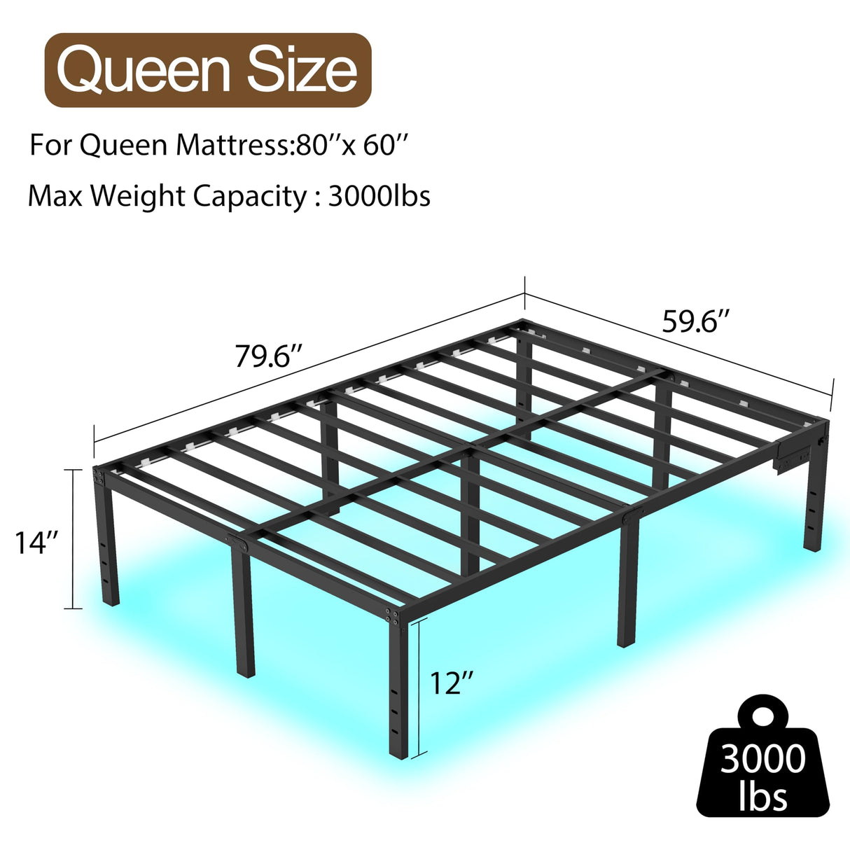 HusDream Queen Bed Frame Led Metal Platform Bed Frame Queen Size with Lights 14” Heavy Duty Bed Frame Lights Queen with Charging Station no Box Spring Needed(14 Inch, Queen (U.S. Standard)) HusDream