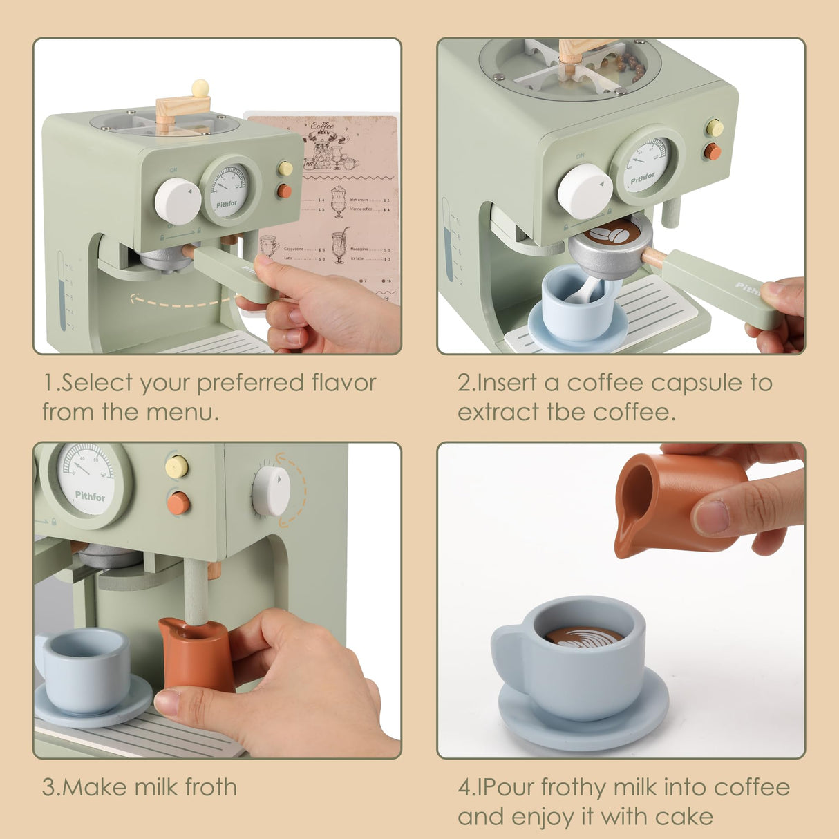 Pithfor Kids Wooden Coffee Maker Toy with Grinder, Pretend Play Kitchen Appliances & Accessories Toy Gift for Kids Toddlers Boys Girls Pithfor