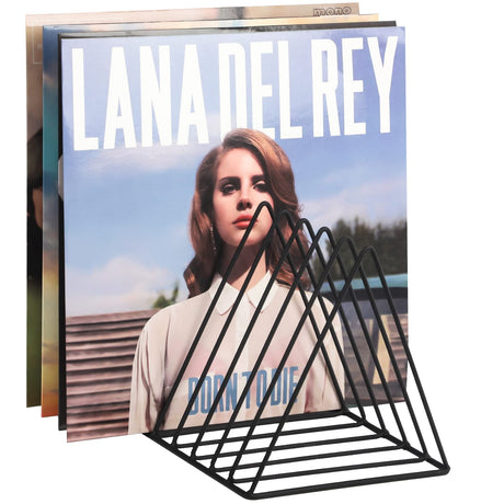 EASEPRES Vinyl Record Holder Storage, 9 Slot Metal Magazine Book Album Display Rack, Stylish Triangle Desktop File Sorter Organizer for Home Office, Black EASEPRES