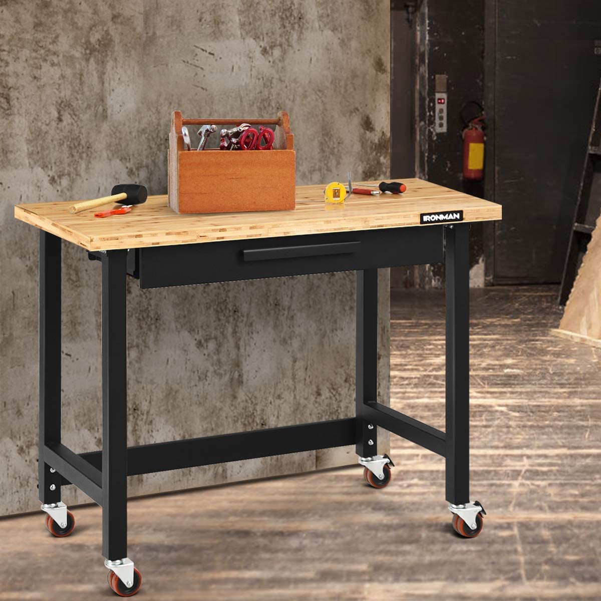 BOSEO Workbench, 48" Wild Mobile Workbench, Solid Wood Top Workbench for Garage, 500 LBS Workbench with Two Lockable Casters, Sliding Organizer Drawer BOSEO