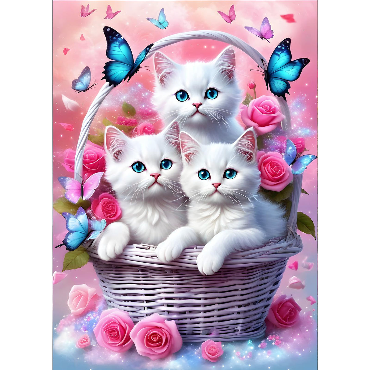 GDYEEH DIY 5D White Kitten Diamond Art Kits, Round Full Drill Butterfly Cat Diamond Painting Picture, Flower Basket Painting by Numbers Art Kits for Adults Beginners Home Wall Decor 12x16 inch GDYEEH