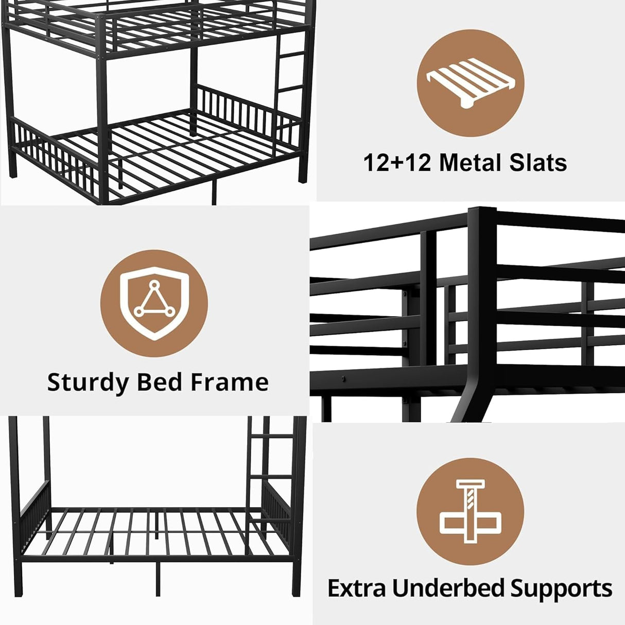 Queen Over Queen Bunk Beds for Adults, Metal Bunk Bed Queen Size,Heavy-Duty Bunk Bed Frame with Ladder and Slats Support for Boys Girls,Space-Saving,Noise Reduced,Black MoproBeti