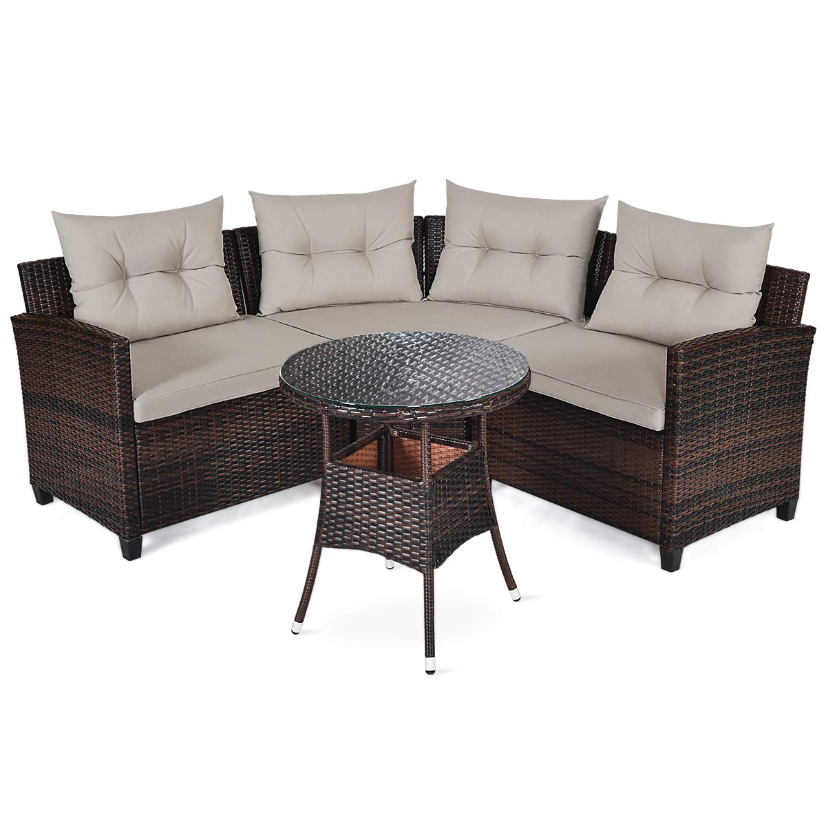 HAPPYGRILL 4 Pieces Curved Outdoor Sofa Set Rattan Wicker Patio Furniture Set with Coffee Table & Cushions Modern Conversation Set Curved Sofa Set for Garden Poolside Balcony HAPPYGRILL