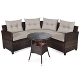 HAPPYGRILL 4 Pieces Curved Outdoor Sofa Set Rattan Wicker Patio Furniture Set with Coffee Table & Cushions Modern Conversation Set Curved Sofa Set for Garden Poolside Balcony HAPPYGRILL