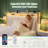 koorlian Queen Bed Frame with 4 Dustproof Drawers and 2-Tier Storage Headboard, 51”Tall Upholstered Platform Bed Frame with Adjustable Headboard, Charging Station, LED Lights, Easy Assembly, Beige koorlian