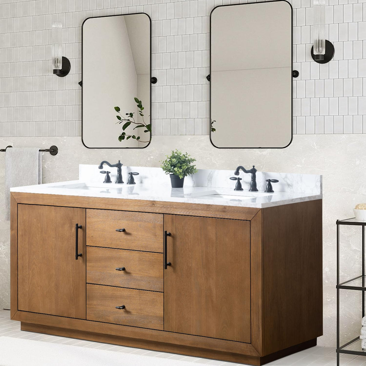 Vanity Art 72 inch Double Sink Bathroom Vanity, Modern Wood Bath Vanity with Carrara Marble Top, Vanity Cabinet with Doors, Removable Shelf, Solid Wood Frame, Tan, VA7072DE Vanity Art