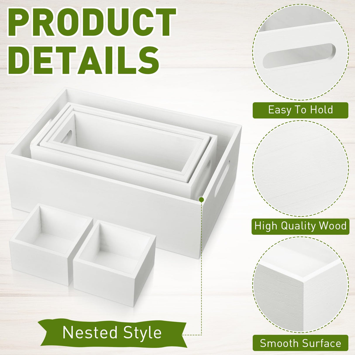 Yetene Set of 6 Wood Storage Boxes with Handles Wooden Nesting Crates Rustic Farmhouse Box for Kitchen Bathroom Home Party Table Decoration Storage Boxes (White) Yetene
