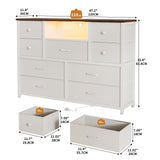 Dresser for Bedroom with 9 Drawers, White Storage Organizer TV Stand for 55" TV with LED Lights and Sockets, Fabric Chest of Drawers with PU Finish for Kid Room, Entryway, Living Room, Hallway LIWEIJIA