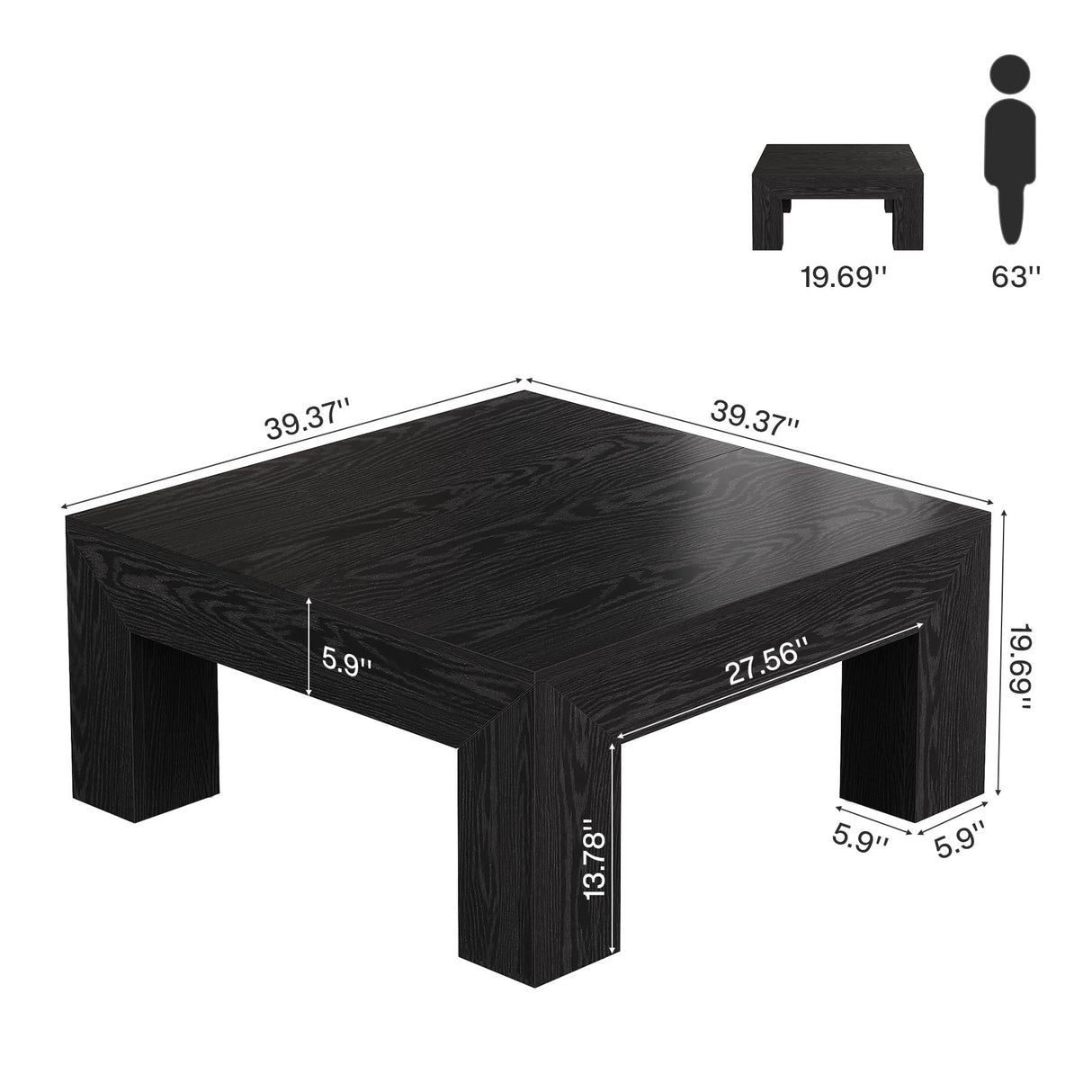Tribesigns Farmhouse Square Coffee Table for Living Room, 39.37-Inch Low Large Center Tea Accent Table with Sturdy Legs, Easy Assembly (Black) Tribesigns