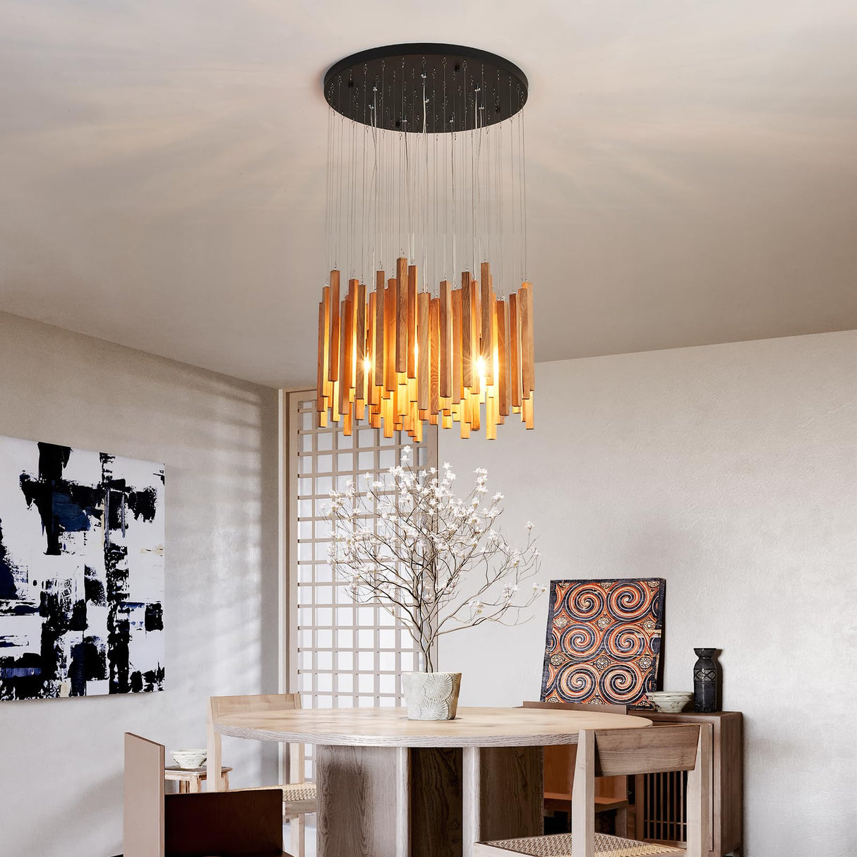 Fivootvi 8 Light Farmhouse Wood High Ceiling Chandelier RusticLarge Ceiling Light Fixture Adjustable Hanging Pendat Light for Dining Room Living Room Foyer Staircases Kitchen Island. Fivootvi