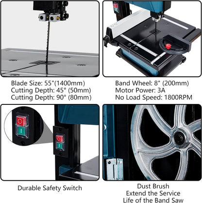 PioneerWorks 3-Amp & 8-Inch Bandsaw, 1800FPM Benchtop Bandsaw with Removable Safty Key, 0-45 Tilting Range, Saw For Cutting Wood with Fence and Miter Gauge, Band Saws for Woodworking - WoodArtSupply