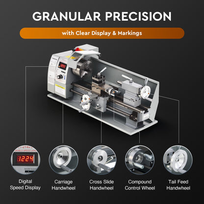 CREWORKS Mini Metal Lathe, 8" x 16" Benchtop Metal Lathe with 3 Jaw Chuck and 2500rpm Max. Spindle Speed, 750W Metalworking Machine with LCD Display, Metal Lathe Machine for Threading Turning Drilling