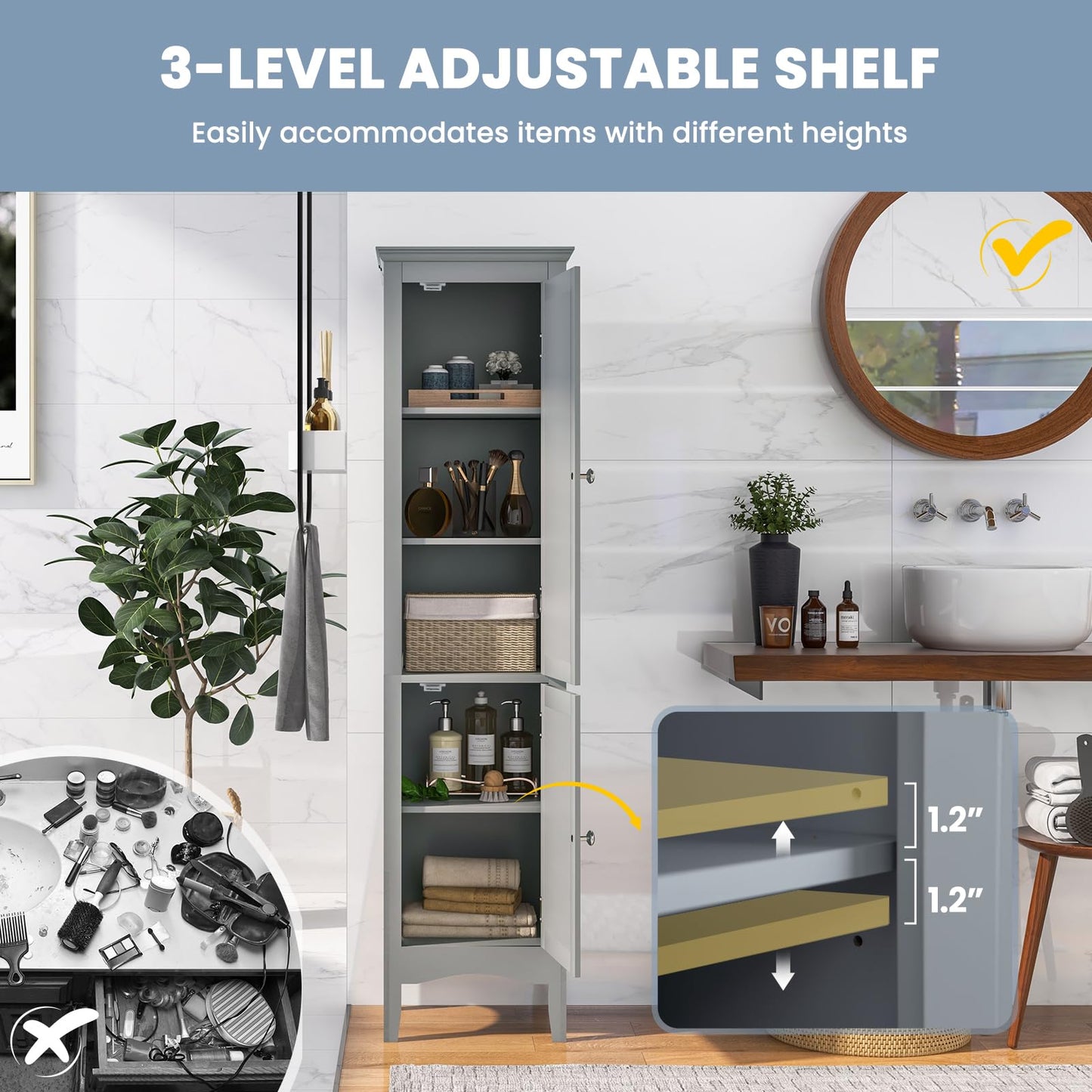 Tangkula Bathroom Storage Cabinet, 63" Freestanding Tall Narrow Floor Cabinet w/ 1 Adjustable Shelf & 2 Doors, Modern Slim Wooden Bathroom Cabinet for Bathroom Living Room (Grey)