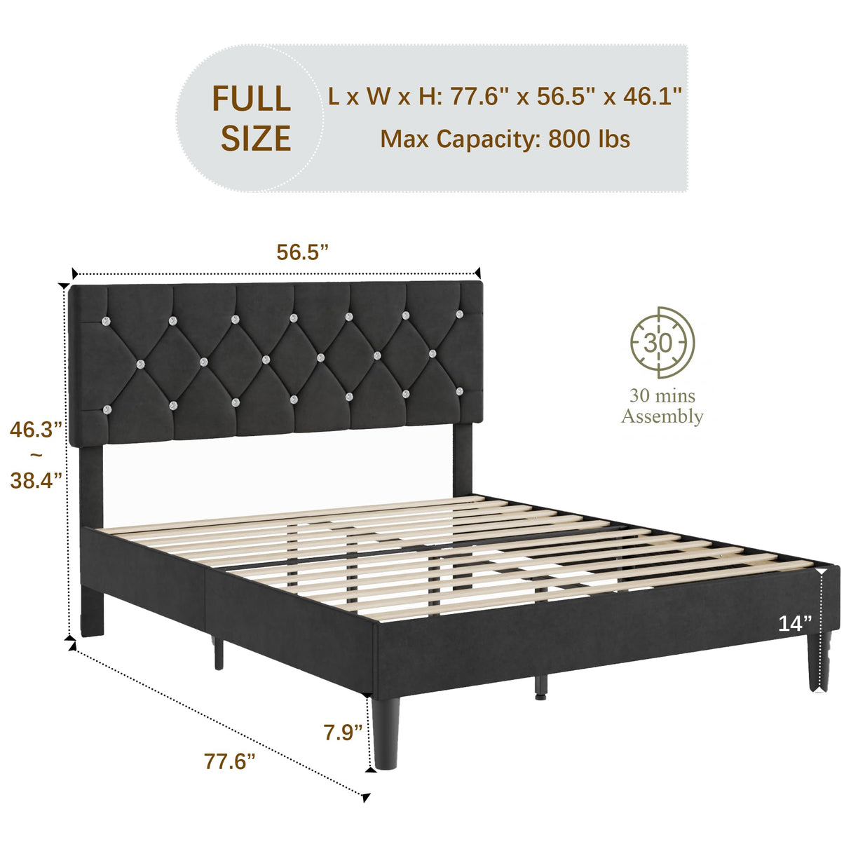 VECELO Full Size Bed Frame with Diamond Tufted Headboard, Upholstered Platform Bedframe with Wood Slat Support, No Box Spring Needed, Velvet & Black VECELO