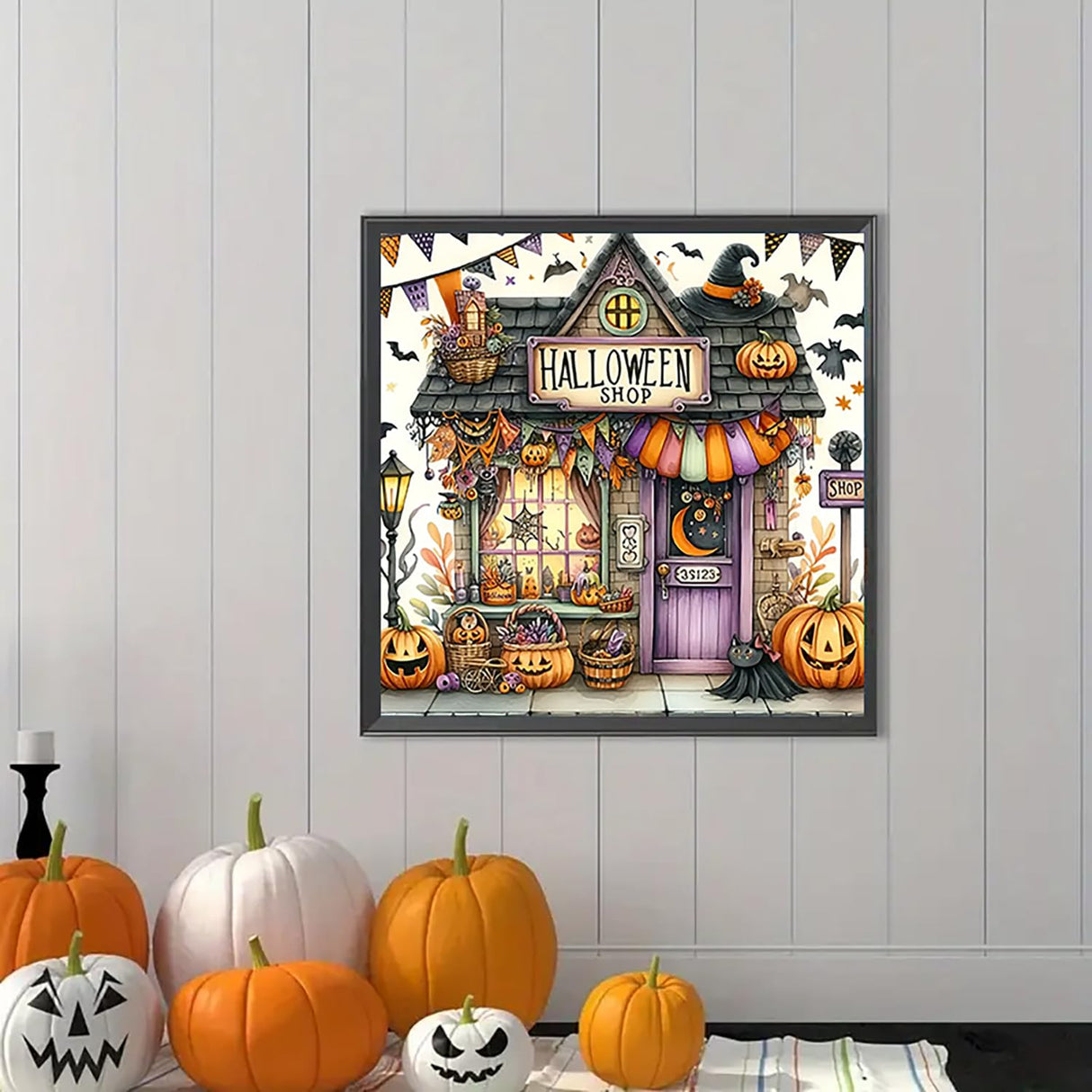 Halloween Pumpkin Bat Shop Diamond Art Kits for Adults, 5D Diamond Painting Kits for Adults Beginners, DIY Full Round Drill Diamond Dot Painting Gem Art Kits for Adult, Home Wall Decor 13.8x13.8 Inch VCLKDIY