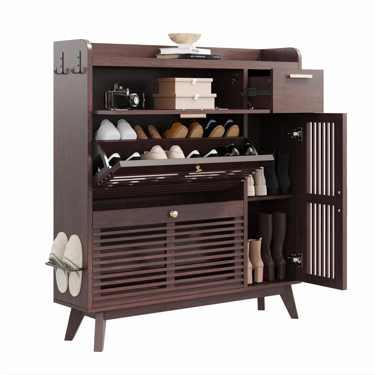 IRONCK Shoe Cabinet, Mid Century Shoe Storage with 2 Flip Drawers & Grille Doors Design, Shoe Rack Cabinet with Hooks and Side Cabinet, Shoe Organizer for Entryway, Natural Red Walnut IRONCK