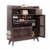 IRONCK Shoe Cabinet, Mid Century Shoe Storage with 2 Flip Drawers & Grille Doors Design, Shoe Rack Cabinet with Hooks and Side Cabinet, Shoe Organizer for Entryway, Natural Red Walnut IRONCK