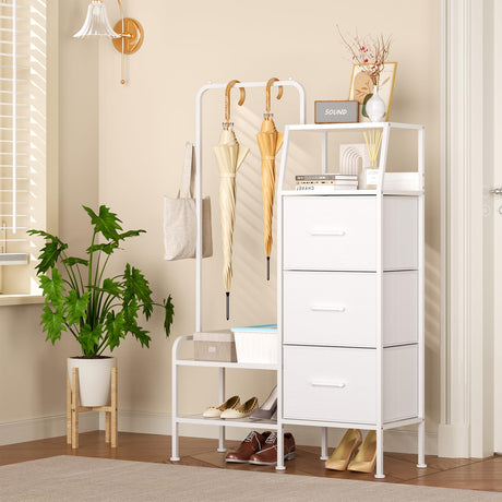 SWTYMIKI Dresser with Hanging Rack - 3 Fabric Drawers Kids Dresser for Bedroom - Reversible Tall Storage Tower, Small Space Clothes Storage Organizer Cabinet for Apartment, Dorm 49.21''H, White SWTYMIKI