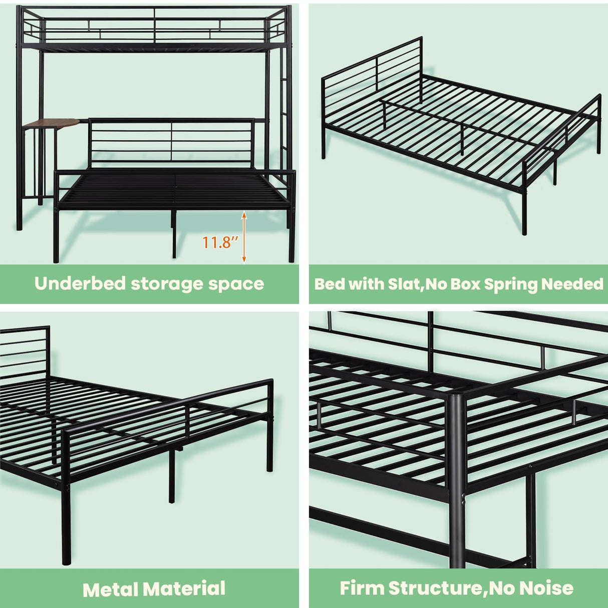 Metal Twin Over Full Bunk Bed Frame with Desk, Loft Platform Mattress Foundation with Steel Slat Support Storage Space Merax