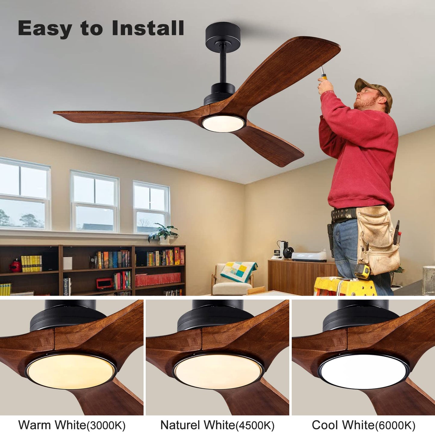 QUTWOB 52" Wood Ceiling Fan with Lights Remote Control,Quiet DC Motor 3 Blade Ceiling Fans for Patio Living Room, Bedroom, Office,Indoor Outdoor(Black+Dark Walnut) - WoodArtSupply