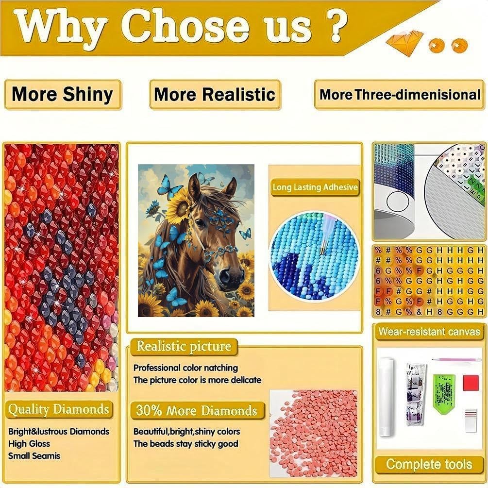 askkqtx Horse Diamond Art Kits for Adults, Butterfly Sunflowers Diamond Painting Kits for Beginnners, DIY 5D Full Drill Crystal Rhinestone Gem Art Craft Kits for Home Wall Decor 12X16 Inch askkqtx