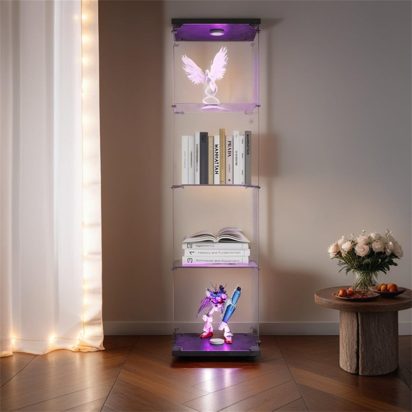 Zipzop Modern 64.5'' 4-Shelf Glass Display Cabinet with Lock and Lights, Lighted Curio Cabinet Collection Display Case, Floor Standing Showcase for Living Room Bedroom Home Office