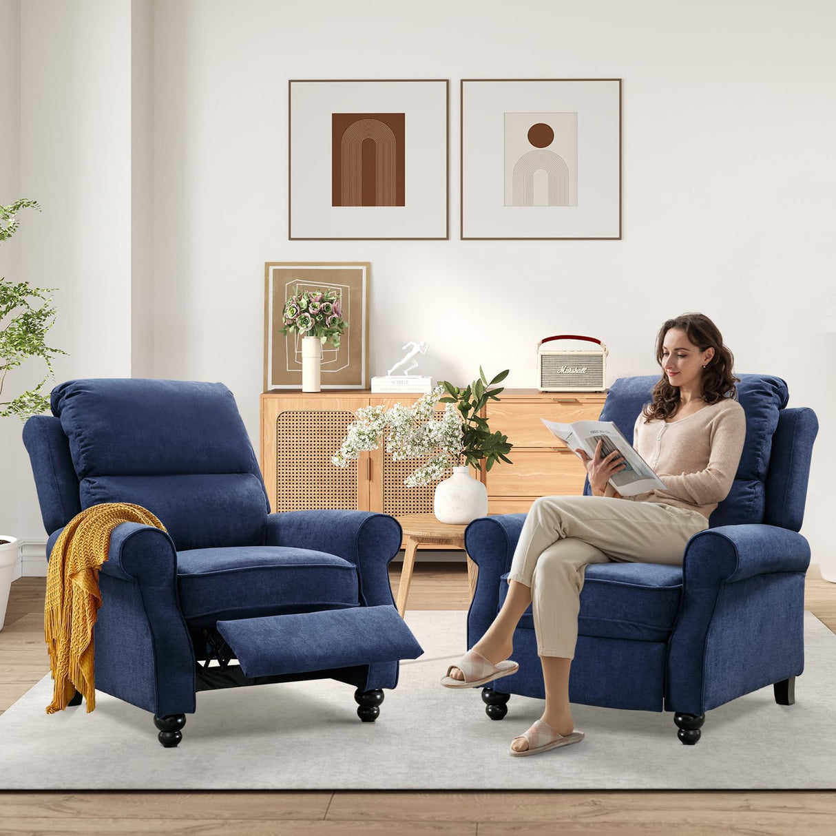 Bonzy Home Pushback Recliner Chair Set of 2, Push Back Reclining Chair with Padded Seat, Comfy Fabric Recliner for Living Room Bedroom Home Theater, Navy Blue Bonzy Home