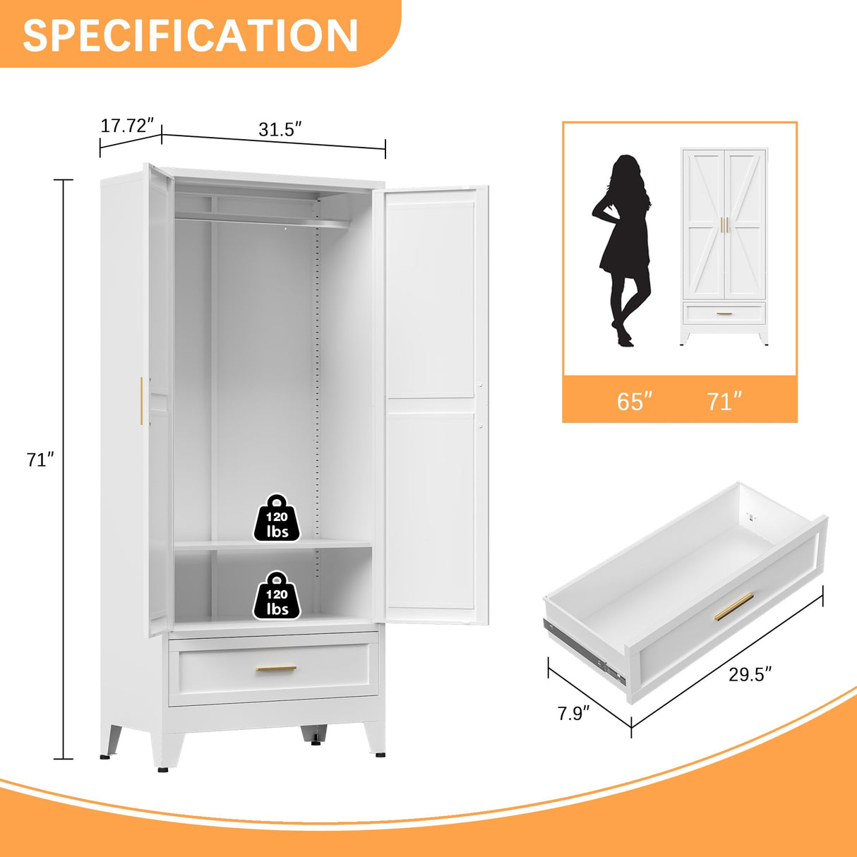 Metal Armoire Wardrobe Closet with Drawer, Farmhouse White Wardrobe Cabinets for Hanging Clothes,Rustic Barn Door Dasign 71" Tall Freestanding Armoire for Bedroom,Office,Laundry Room,Dormitorios XIOMIOHTRQ