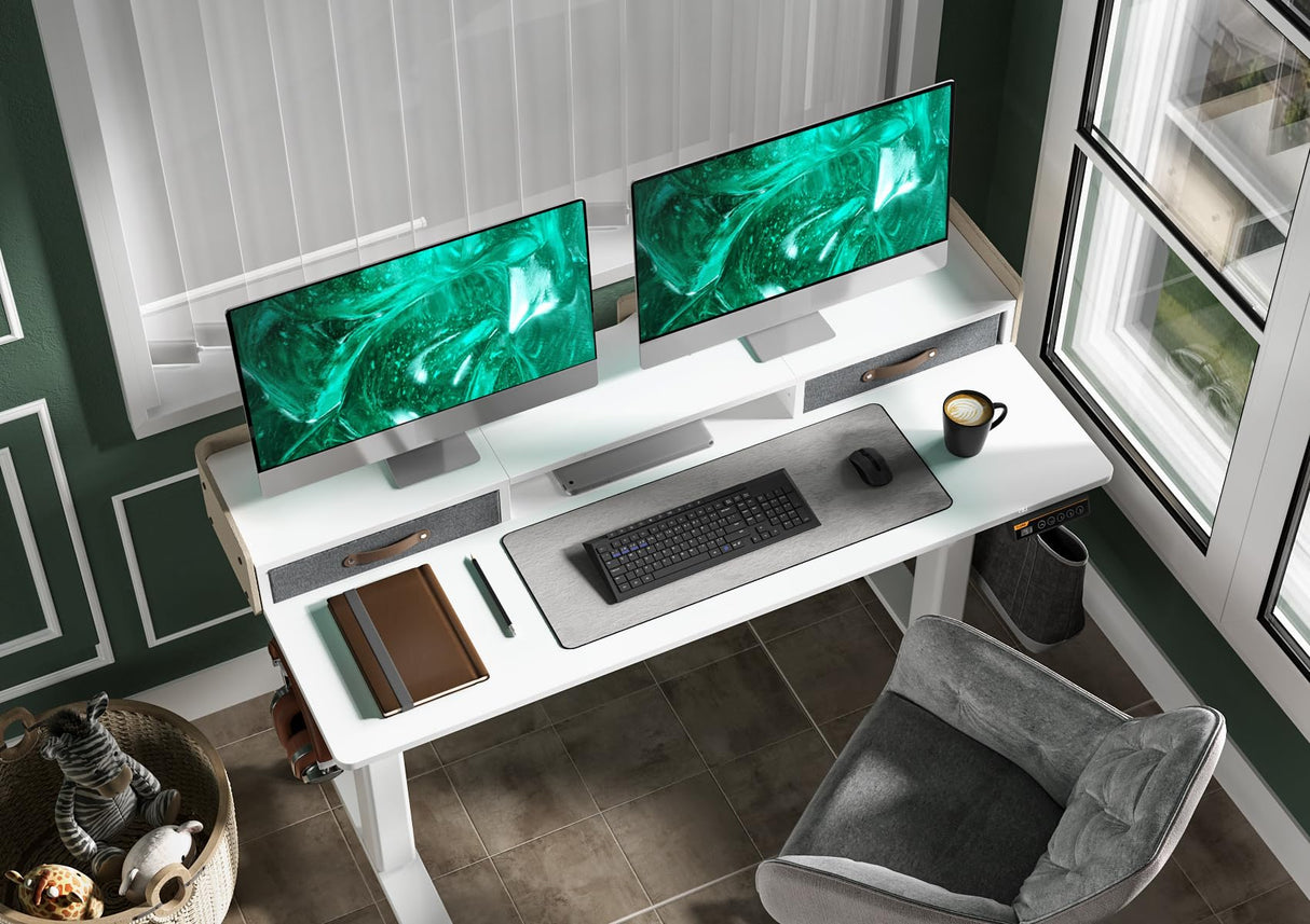 Claiks Standing Desk with Drawers, Stand Up Electric Standing Desk Adjustable Height, Sit Stand Desk with Storage Shelf and Splice Board, 48 Inch, White Claiks