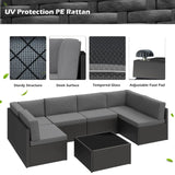 U-MAX 7 Piece Outdoor Patio Furniture Set with 30 Inch Fire Pit Table, PE Rattan Wicker Sofa Set, Outdoor Sectional Furniture Chair Set with Cushions and Tea Table, Black Rattan&Dark Grey Cushion U-MAX