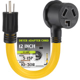 Kanayu NEMA 5-15P to 10-30R 15Amp Dryer Adapter Cord Compatible Female Power Adapter 15 Amp 3 Prong Female Receptacle ONLY for 120V Device EV Power Cord, 12Inch long Kanayu