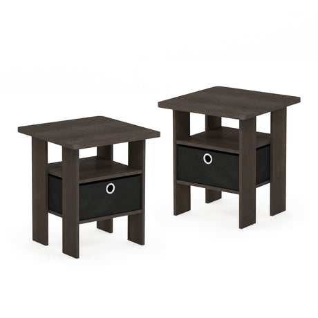 Furinno Andrey Set of 2 End Table / Side Table / Night Stand / Bedside Table with Bin Drawer, Dark Brown/Black Furinno