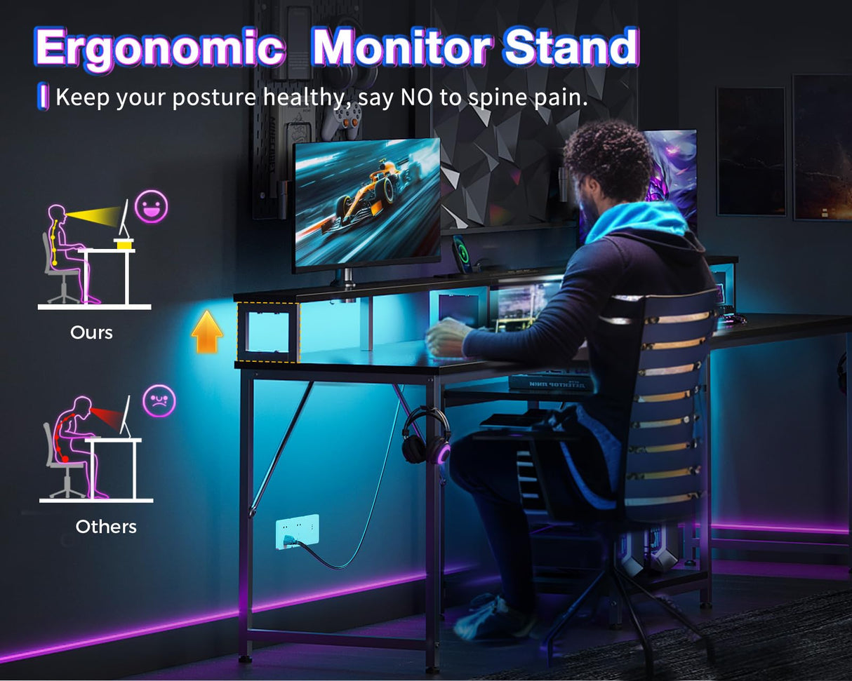 Coleshome 98 Inch 2 Person Gaming Desk with Storage Shelves- Long Double Home Office Computer Desks with USB Charging Port & LED Lights, Writing Desk with Monitor Stand, Modern Study/Work Table, Black Coleshome