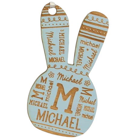 Personalization Universe Wooden Easter Bunny Repeating Name Personalized Easter Basket Tag, Cute Decor, Engraved,Ideal for Easter Baskets, Hanging Ribbon Included, Made in USA - Blue Stain Personalization Universe