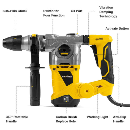 Enventor 1-1/4 Inch SDS-Plus 12.5A Heavy Duty Rotary Hammer Drill for Concrete Stone, Safety Clutch Electric Demolition Hammer Drill with 4 Functions, Vibration Control, Chisels, Drill Bits,  - WoodArtSupply