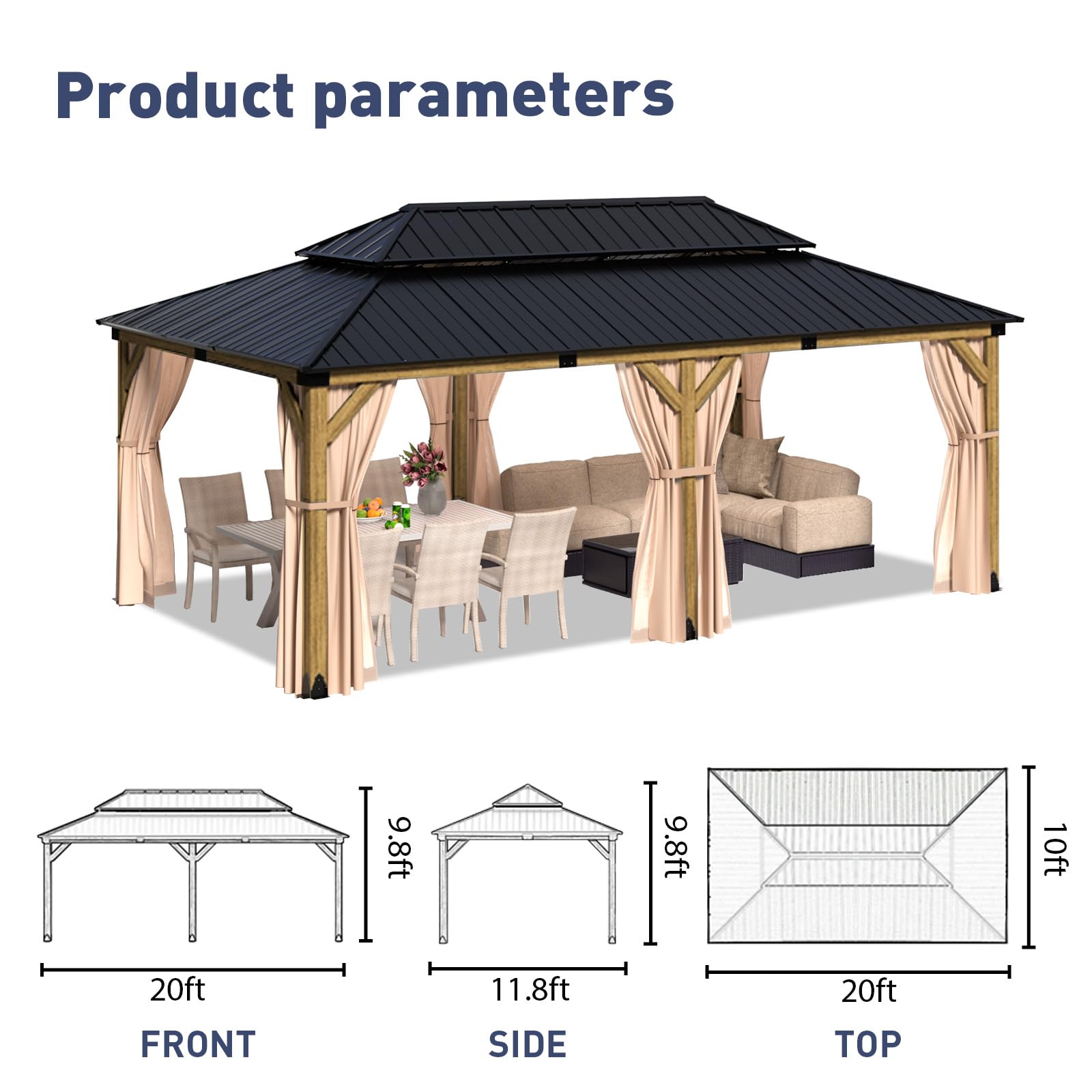 SUNBURY 12'x20' Outdoor Cedar Wood Gazebo, 2-Tier Metal Hardtop Wooden Frame Gazebo for Patio with Privacy Curtains and Mosquito Nettings for Gardens, Lawns, Backyard, Poolside (Log Color Fra - WoodArtSupply