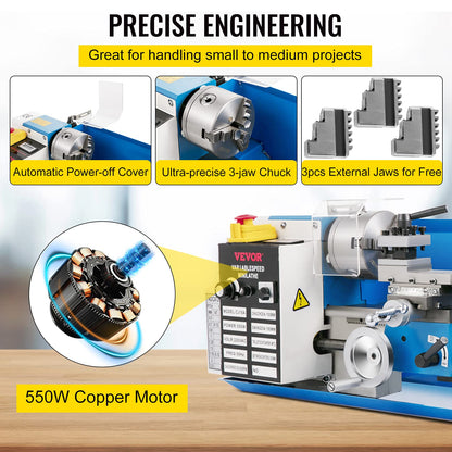 VEVOR Mini Metal Lathe, 7"x14", 550W Variable Speed 2250 RPM Metal Lathe, with 3-jaw Chuck Mini Lathe Machine Benchtop Metal Lathe Digital Display for Metal Turning - WoodArtSupply