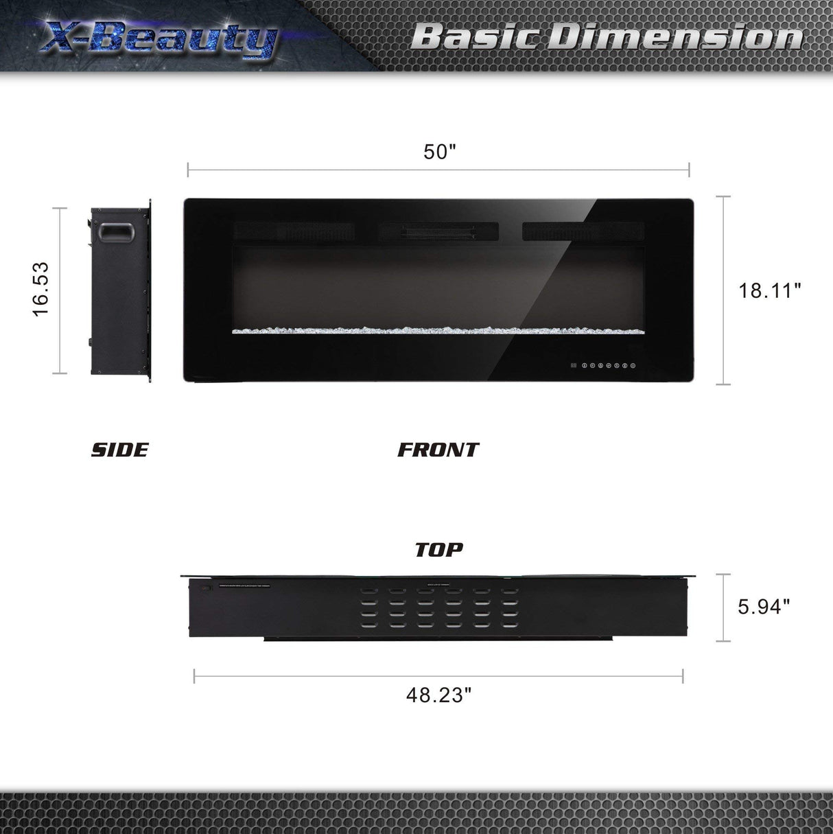 50" Electric Fireplace in-Wall Recessed and Wall Mounted 1500W Fireplace Heater and Linear Fireplace with Timer/Multicolor Flames/Touch Screen/Remote Control (Black) Xbeauty