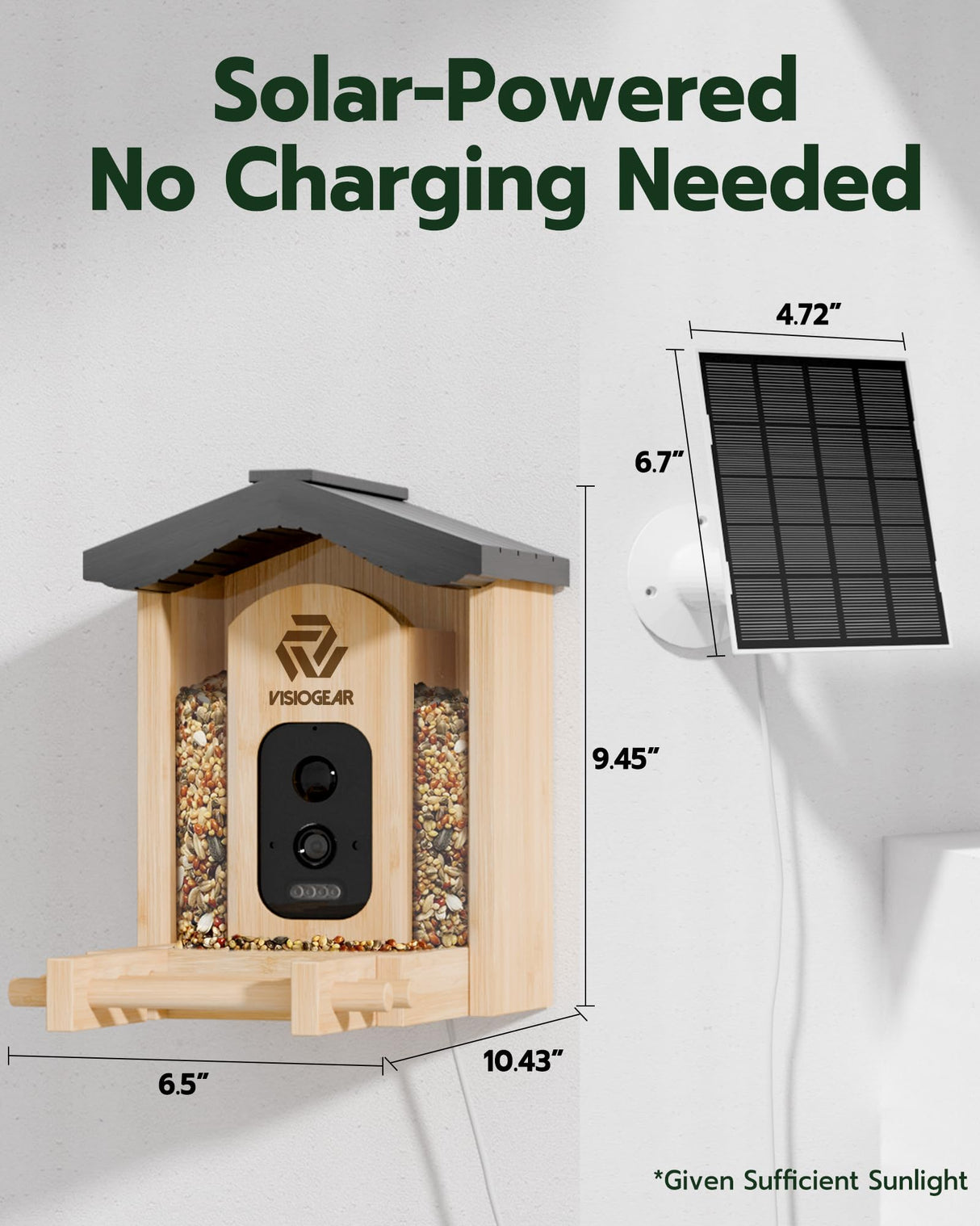 VISIOGEAR Bird Feeder with Camera, Smart Bird Feeder for Outdoors, Wild Bird Feeders with Solar Panel Bamboo Bird House Camera for Bird Lovers, AI Auto Capture Bird & Real-time Notification (Gable) VISIOGEAR