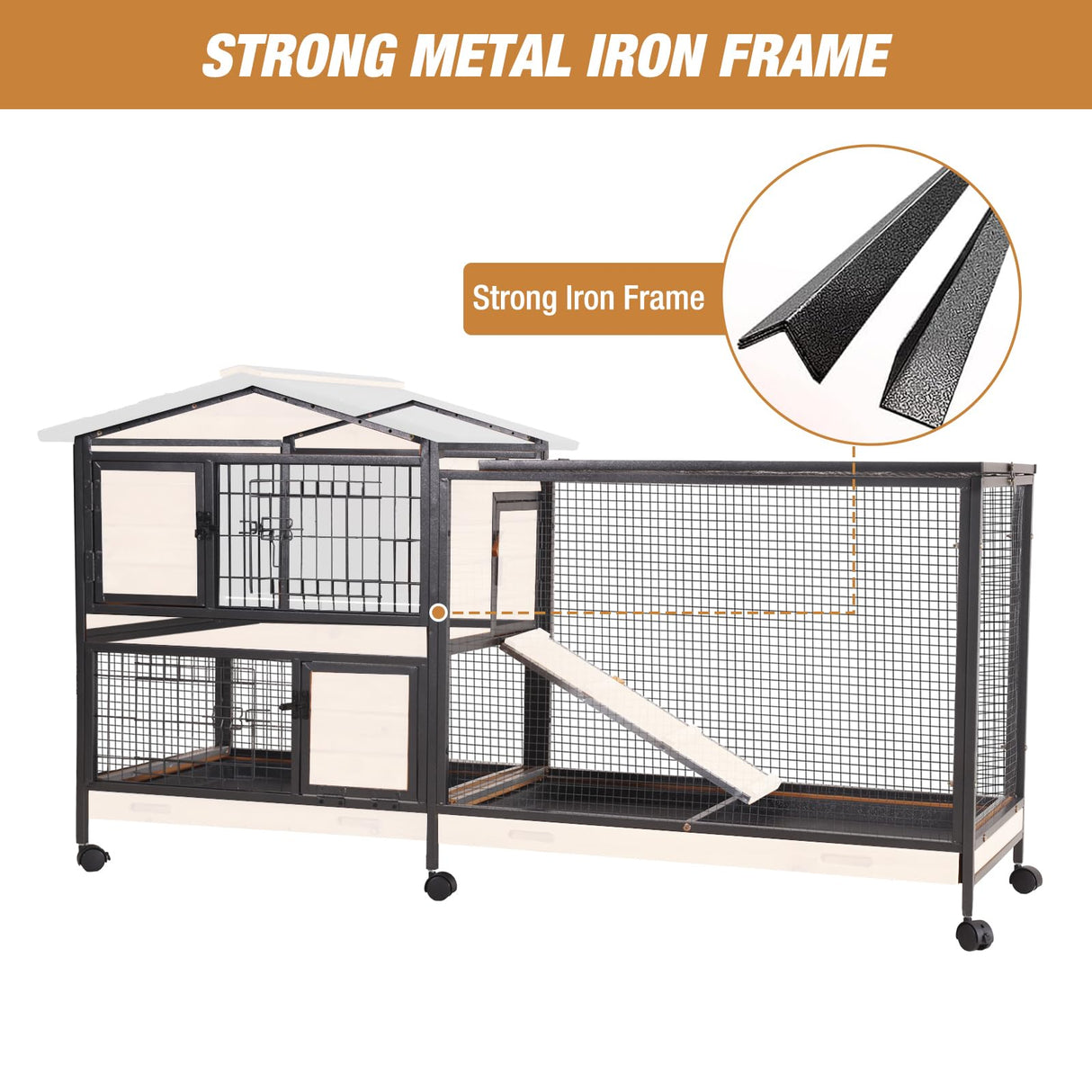 Rabbit Hutch Bunny Cage Strong Iron Frame Rabbit Cage Indoor and Outdoor Chicken Coop with Casters Waterproof Roof, Great for Rabbit,Bunny,Guinea Pig,Chickens. GUTINNEEN