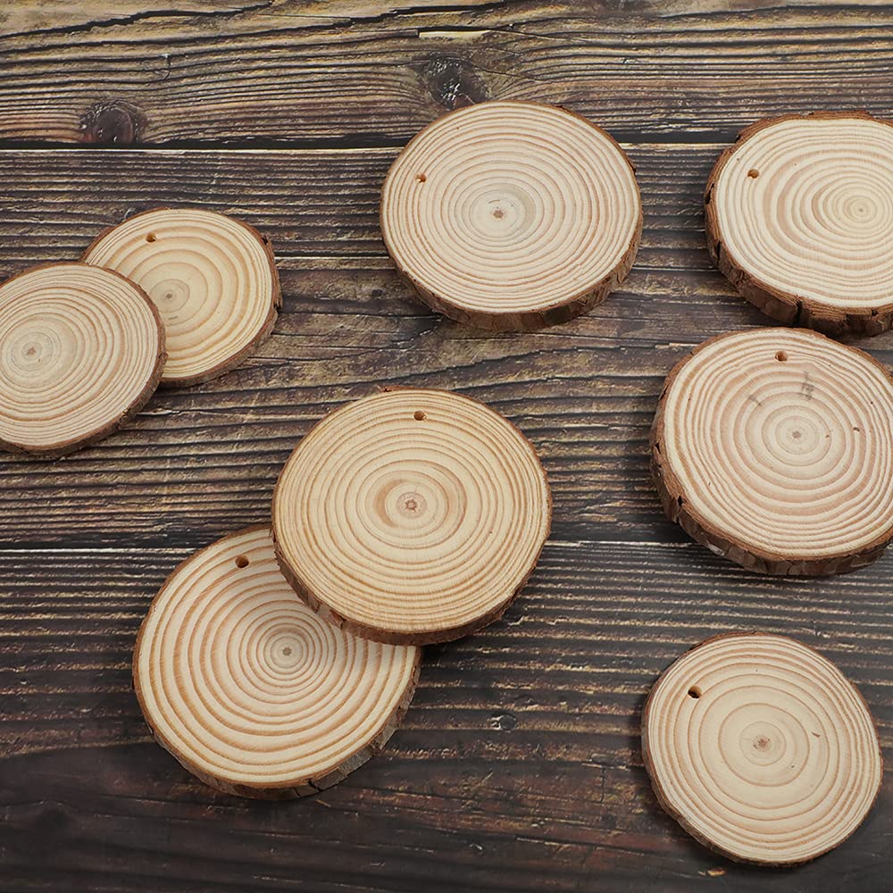 Artmag Natural Wood Slices 40pcs 2"-2.4" Unfinished DIY Crafts Predrilled with Hole Round Wooden Circles for Arts Rustic Wood Slices Christmas Ornaments Decor